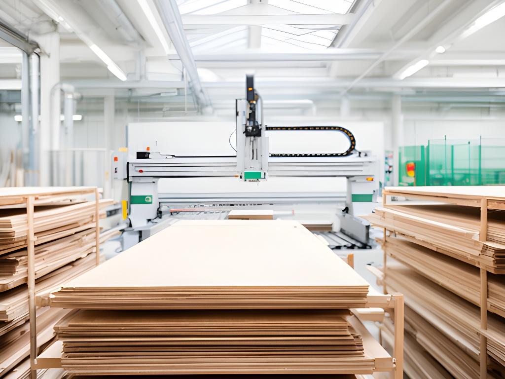 Holzverarbeitung in einer hellen Zürcher Produktionshalle mit präzisen Maschinen und sorgfältig gestapelten Furnierplatten